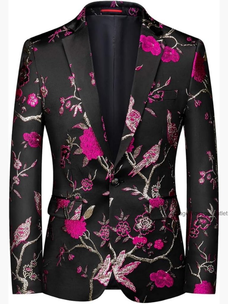 Men's Formal Blazer Sport Coat Floral Embroidery Slim Fit Tuxedo
